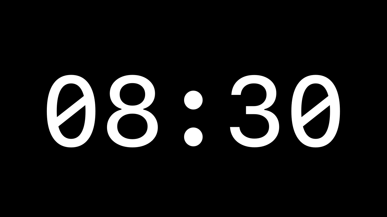 Downstage full-screen timer output showing a large monospaced countdown on a black audience display.