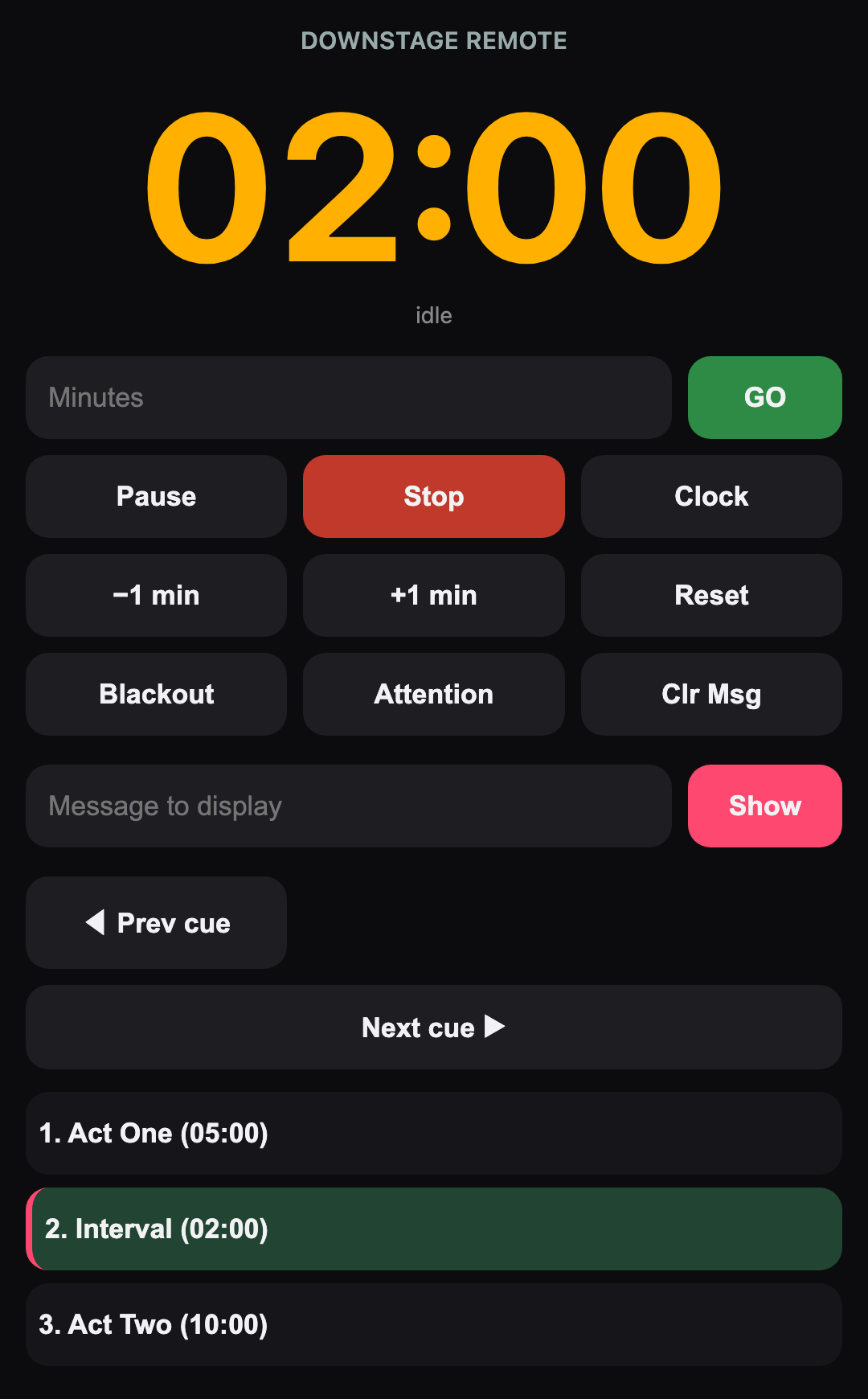 Downstage phone web remote with large start, stop and message buttons and a live time readout.