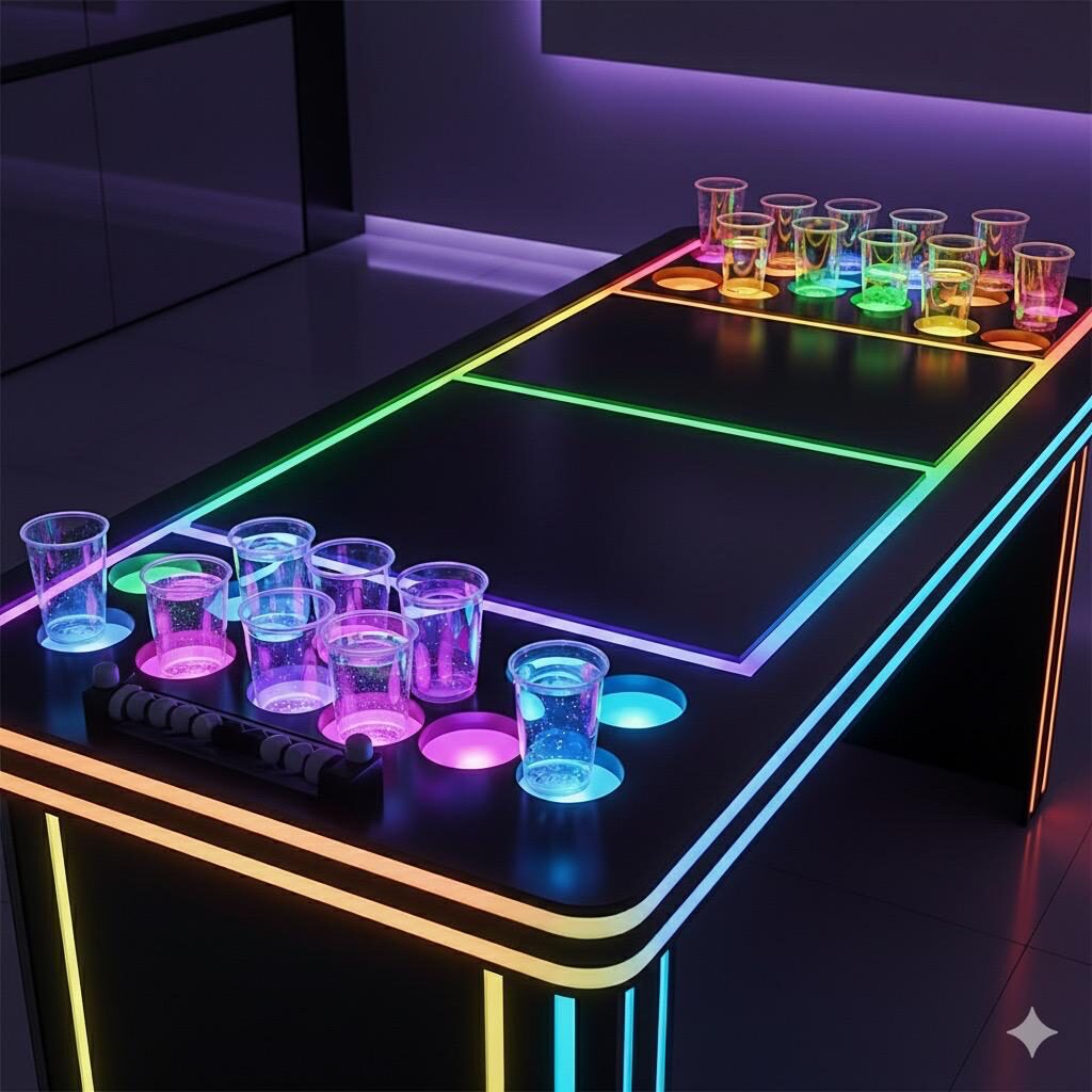 The client's AI-generated concept image — a black table edged in rainbow neon lines with glowing cups clustered on top.