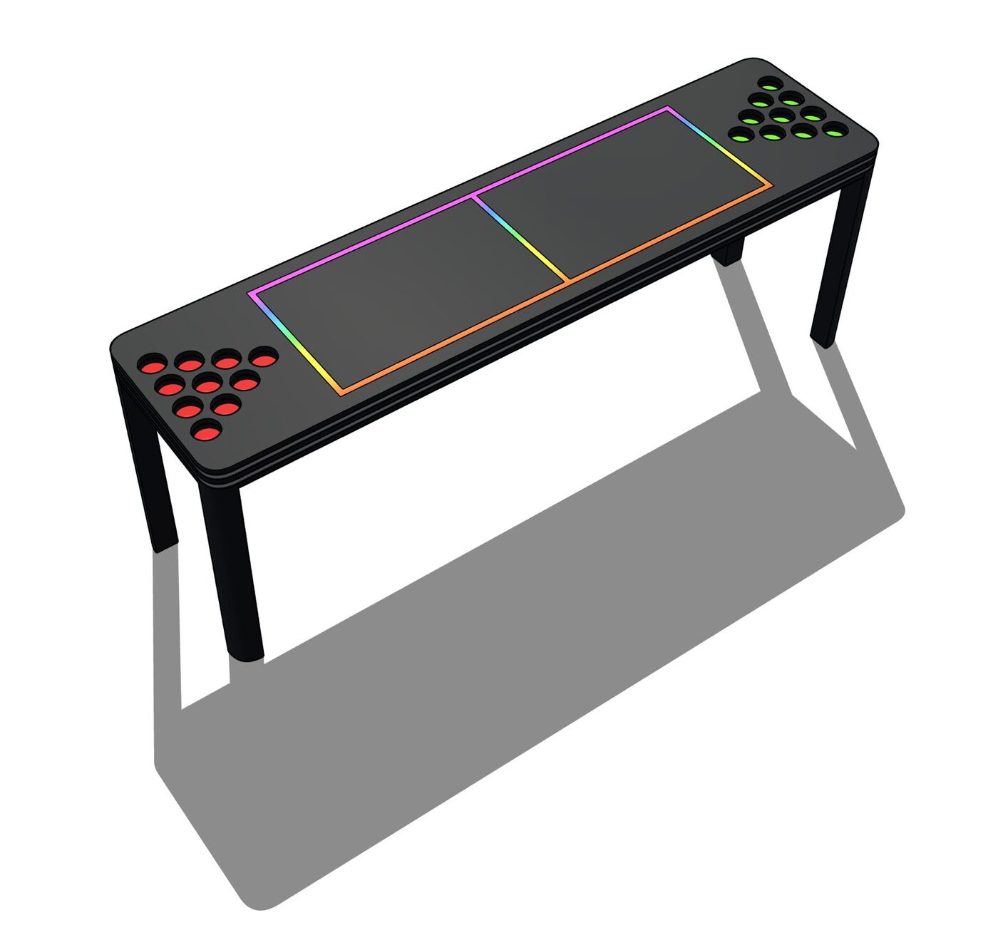 HALF GREY BEAR's CAD model of the table — the same black form and neon edge lines, now with a rack of ten cup wells at the corner and buildable geometry.